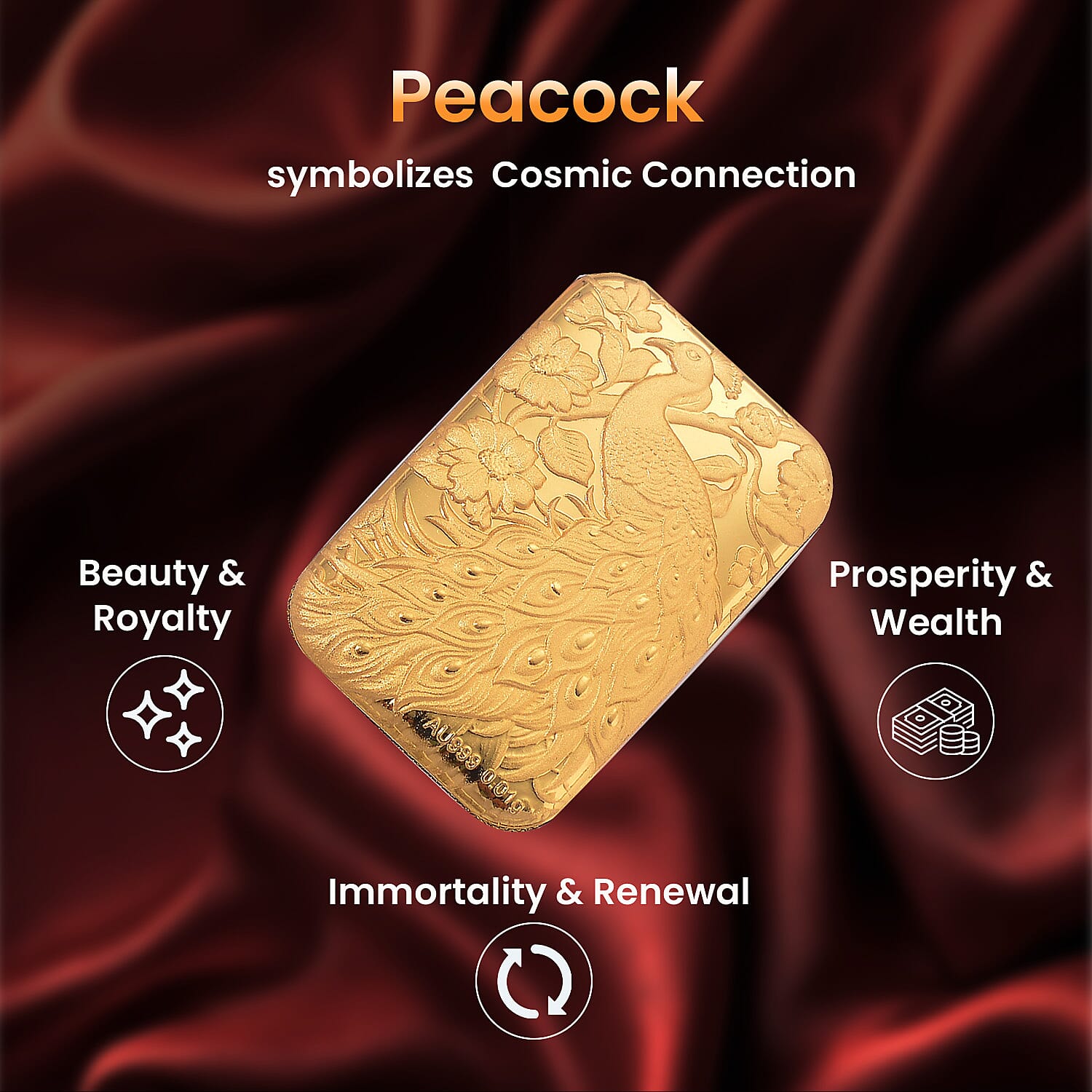 24K Yellow Gold (99.99% Purity) Peacock Embossment Gold Collectible (39.75 x 25.50 mm)